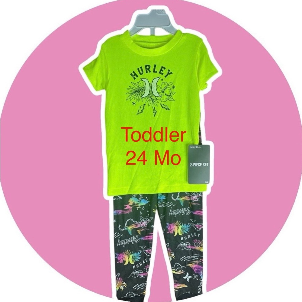 HURLEY 2-Pc Toddler Set 24-Mo Leggings Top Island Scene Palm Trees Waves NEW NWT